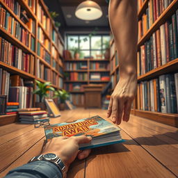 A captivating book cover design illustrating the scene from the guy's point of view in a cozy, warm bookstore