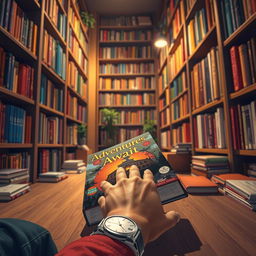 A captivating book cover design illustrating the scene from the guy's point of view in a cozy, warm bookstore