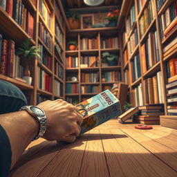 A captivating book cover design illustrating the scene from the guy's point of view in a cozy, warm bookstore