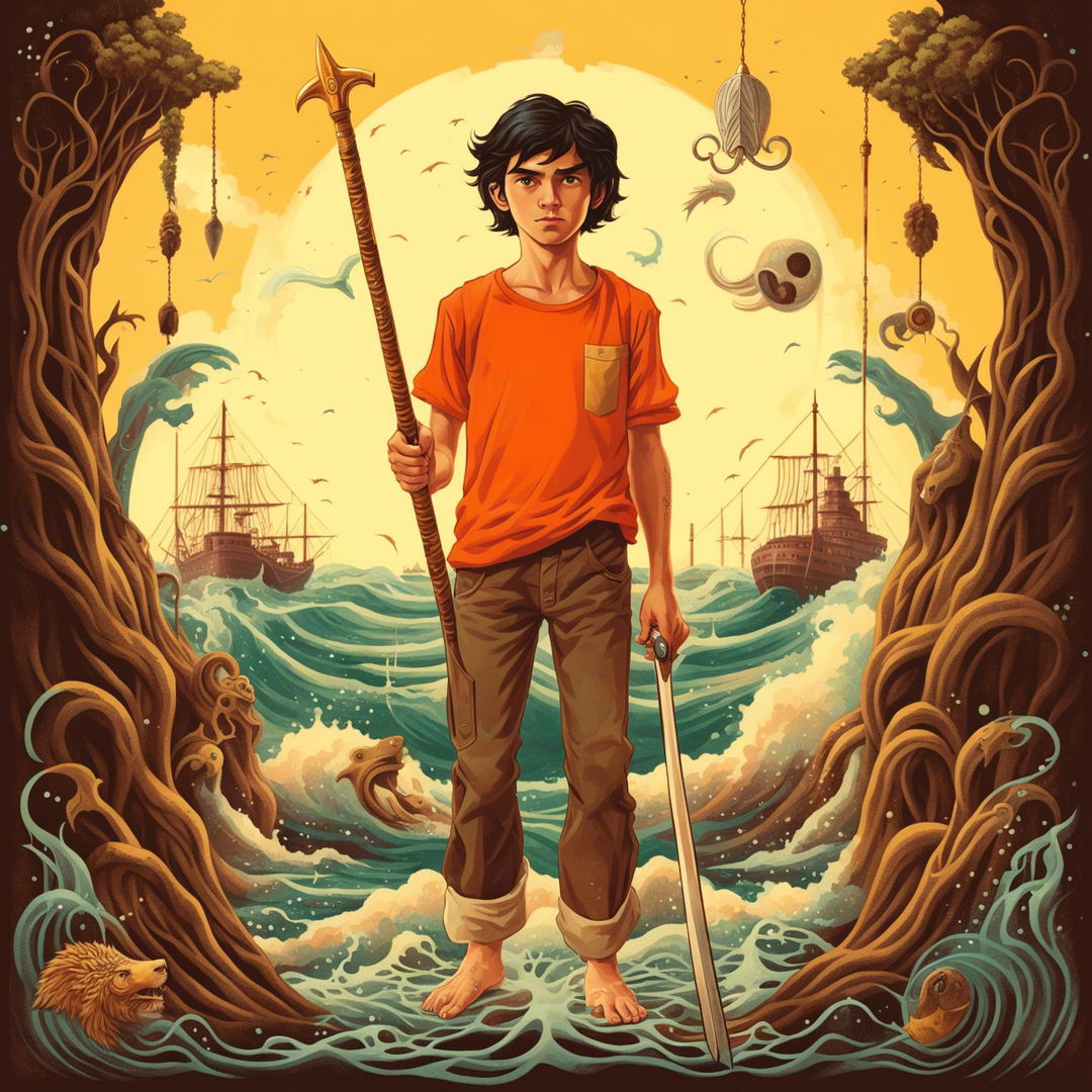 Vintage poster-style fan art of Percy Jackson in Wes Anderson-inspired colors featuring key elements from his adventures.