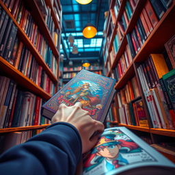 A vibrant bookstore scene from a guy's point of view, focusing on a colorful book that has just fallen from a shelf