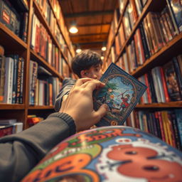 A vibrant bookstore scene from a guy's point of view, focusing on a colorful book that has just fallen from a shelf