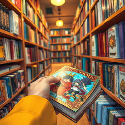 A vibrant bookstore scene from a guy's point of view, focusing on a colorful book that has just fallen from a shelf