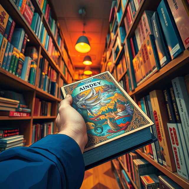 A vibrant bookstore scene from a guy's point of view, focusing on a colorful book that has just fallen from a shelf