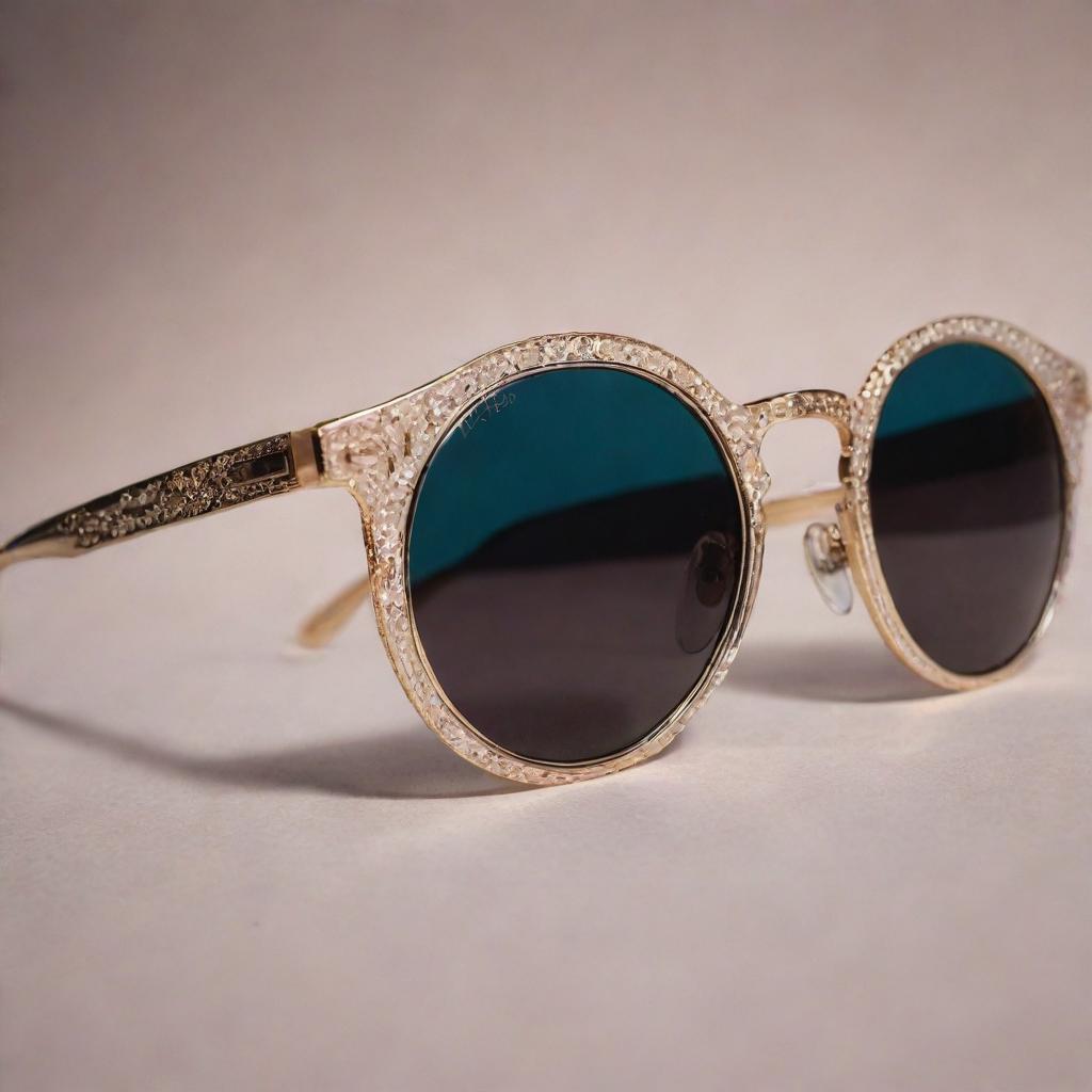 Close-up photograph of detailed and intricate retro 90's inspired sunglasses with pristine composition, dramatic lighting, exuding editorial magazine photoshoot vibes