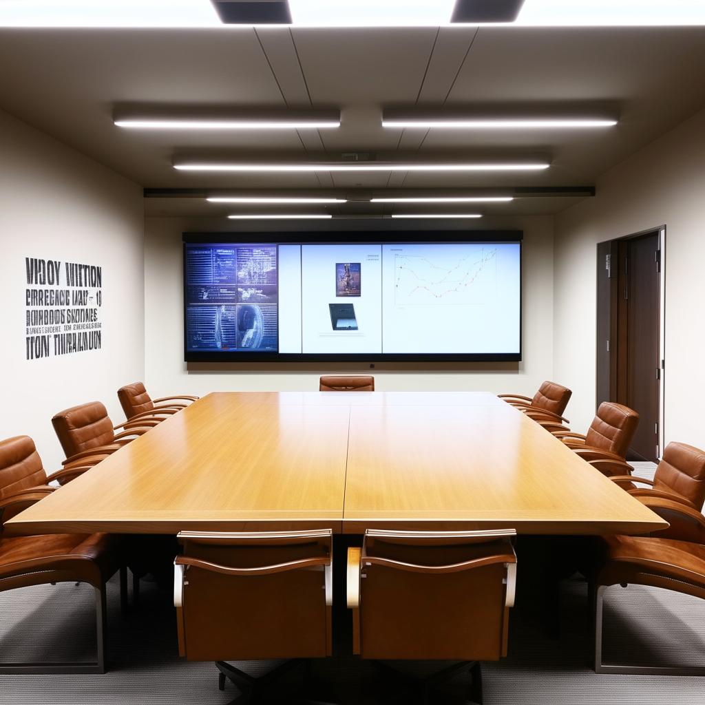 A professional briefing room with a large wooden table centered, surrounded by leather chairs. A large screen for presentations is on the wall at the front, and various communication tools are available.