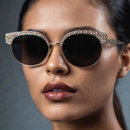 Close-up photograph of detailed and intricate retro 90's inspired sunglasses with pristine composition, dramatic lighting, exuding editorial magazine photoshoot vibes