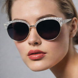 Close-up photograph of detailed and intricate retro 90's inspired sunglasses with pristine composition, dramatic lighting, exuding editorial magazine photoshoot vibes