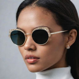 Close-up photograph of detailed and intricate retro 90's inspired sunglasses with pristine composition, dramatic lighting, exuding editorial magazine photoshoot vibes