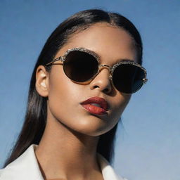 Close-up photograph of detailed and intricate retro 90's inspired sunglasses with pristine composition, dramatic lighting, exuding editorial magazine photoshoot vibes