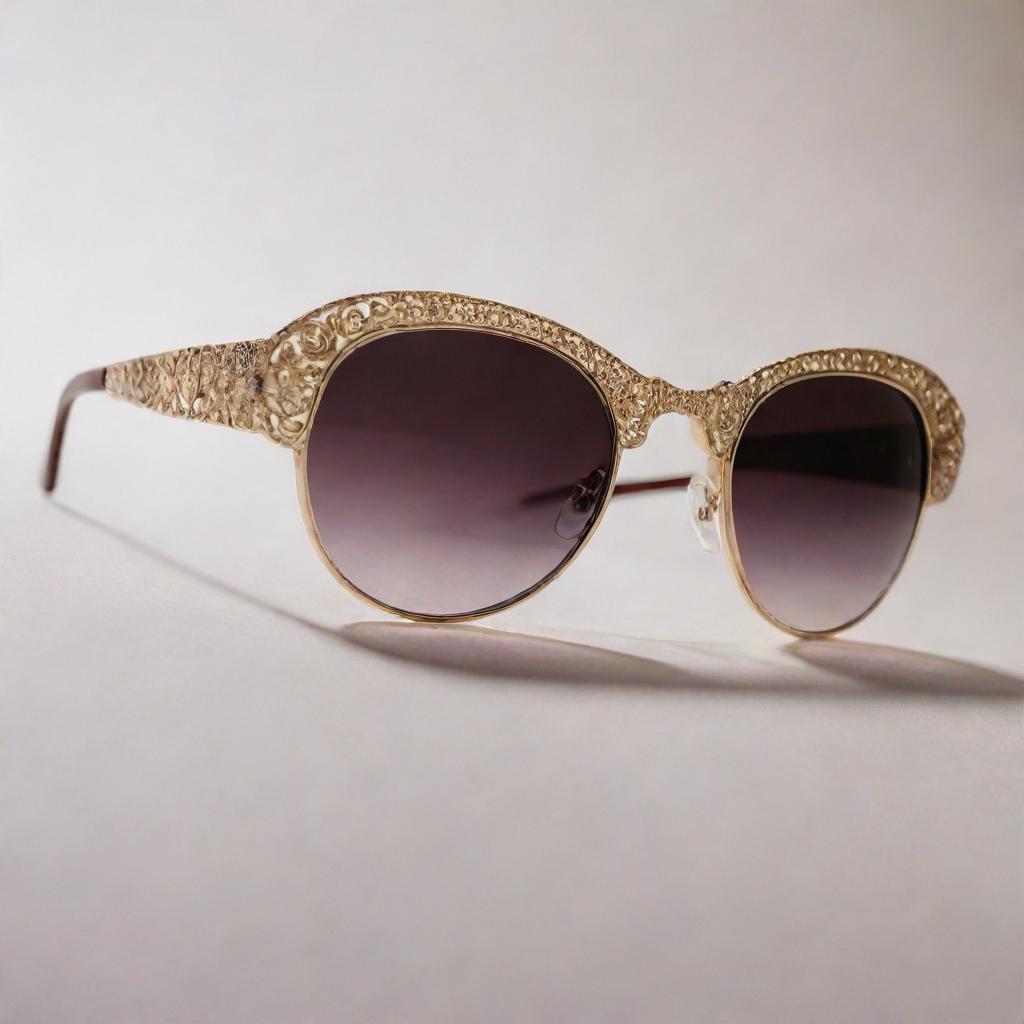 Close-up photograph of detailed and intricate retro 90's inspired sunglasses with pristine composition, dramatic lighting, exuding editorial magazine photoshoot vibes