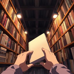 A bookstore interior from the point of view of a male character looking down at a book that has just fallen from its shelf