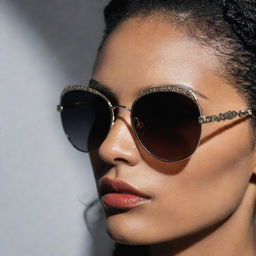 Close-up photograph of detailed and intricate retro 90's inspired sunglasses with pristine composition, dramatic lighting, exuding editorial magazine photoshoot vibes