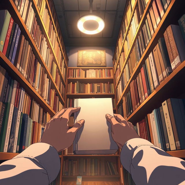 A bookstore interior from the point of view of a male character looking down at a book that has just fallen from its shelf