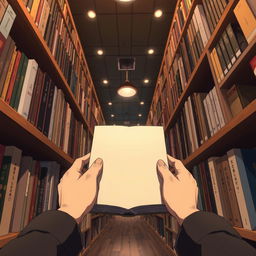 A bookstore interior from the point of view of a male character looking down at a book that has just fallen from its shelf