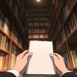 A bookstore interior from the point of view of a male character looking down at a book that has just fallen from its shelf