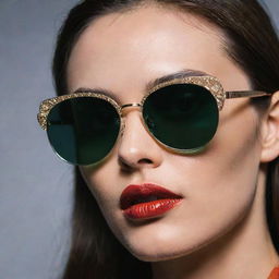 Close-up photograph of detailed and intricate retro 90's inspired sunglasses with pristine composition, dramatic lighting, exuding editorial magazine photoshoot vibes