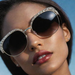 Close-up photograph of detailed and intricate retro 90's inspired sunglasses with pristine composition, dramatic lighting, exuding editorial magazine photoshoot vibes