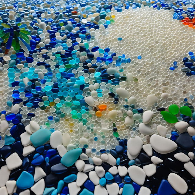 A detailed sea glass mosaic depicting a serene coastal scene with a gradient blue sky, radiant sun, turbulent sea, sandy beach, and a lone palm tree