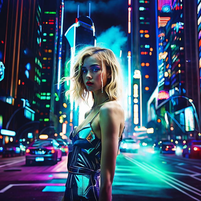 A young blonde model poses amidst the vibrant nightlife of a futuristic techno-punk city, captured in a long exposure ground level shot