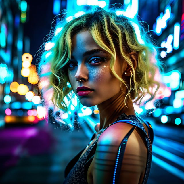 Close-up of a young blonde model in a futuristic techno-punk city, captured with a Phase One XF IQ4 150MP, using a Phase One Macro 120mm f/4