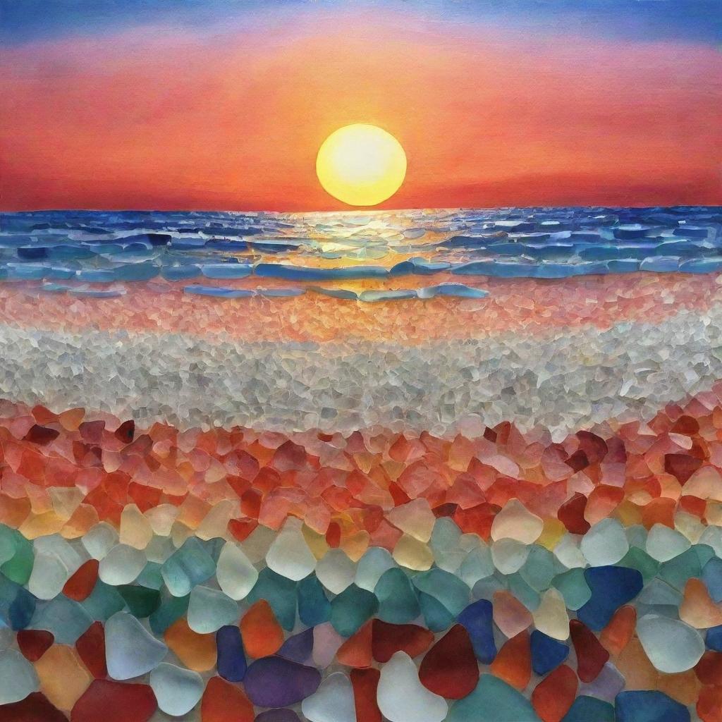 Create an intricate piece of artwork depicting a vibrant sunset composed entirely of multicolored sea glass.