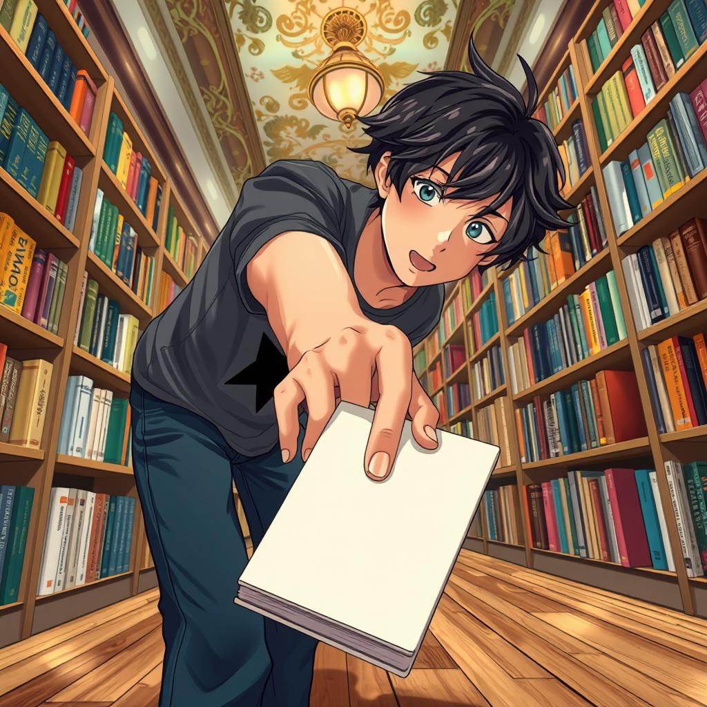 From the perspective of a young adult male, an anime-themed scene inside a cozy bookstore