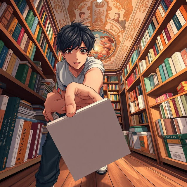 From the perspective of a young adult male, an anime-themed scene inside a cozy bookstore