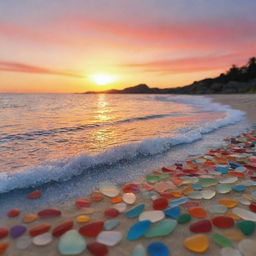 Create an intricate piece of artwork depicting a vibrant sunset composed entirely of multicolored sea glass.