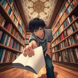 From the perspective of a young adult male, an anime-themed scene inside a cozy bookstore