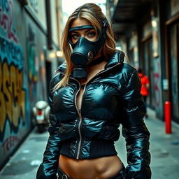 A hot girl clad in a tight, shiny black puffer jacket that perfectly accentuates her big breasts, complemented by a stylish gas mask that adds a bold and edgy flair to her outfit