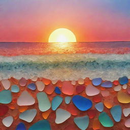 Create an intricate piece of artwork depicting a vibrant sunset composed entirely of multicolored sea glass.