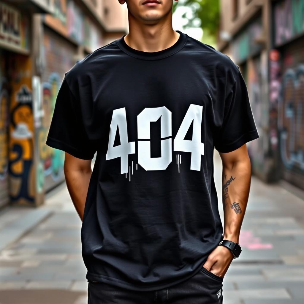 A trendy streetwear t-shirt featuring a bold '404' design on the front