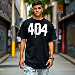 A trendy streetwear t-shirt featuring a bold '404' design on the front