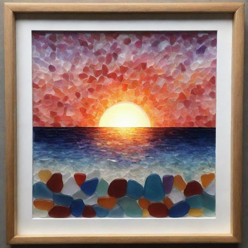 Create an intricate piece of artwork depicting a vibrant sunset composed entirely of multicolored sea glass.