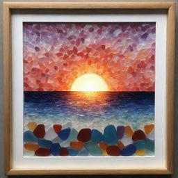 Create an intricate piece of artwork depicting a vibrant sunset composed entirely of multicolored sea glass.