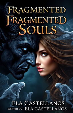 A mystical book cover featuring a half demonic half human man with dark skin, exuding an aura of evil, and striking blue eyes, facing a woman of light with flowing brown hair and captivating almond-colored eyes