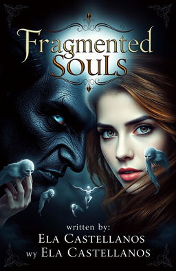 A mystical book cover featuring a half demonic half human man with dark skin, exuding an aura of evil, and striking blue eyes, facing a woman of light with flowing brown hair and captivating almond-colored eyes