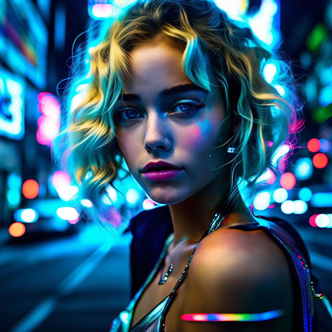 Close-up of a young blonde model in a futuristic techno-punk city, captured with a Phase One XF IQ4 150MP, using a Phase One Macro f/4