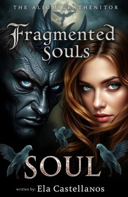 A mystical book cover featuring a half demonic half human man with dark skin, exuding an aura of evil, and striking blue eyes, facing a woman of light with flowing brown hair and captivating almond-colored eyes