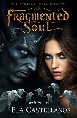 A mystical book cover featuring a half demonic half human man with dark skin, exuding an aura of evil, and striking blue eyes, facing a woman of light with flowing brown hair and captivating almond-colored eyes