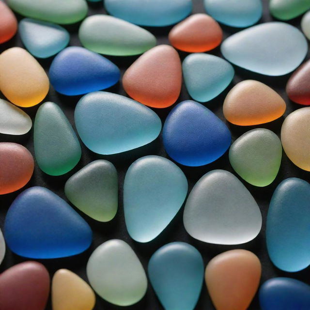 A detailed, intricately arranged sea glass artwork in an intense close-up shot