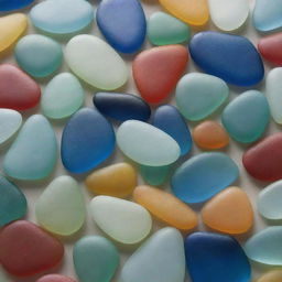 A detailed, intricately arranged sea glass artwork in an intense close-up shot