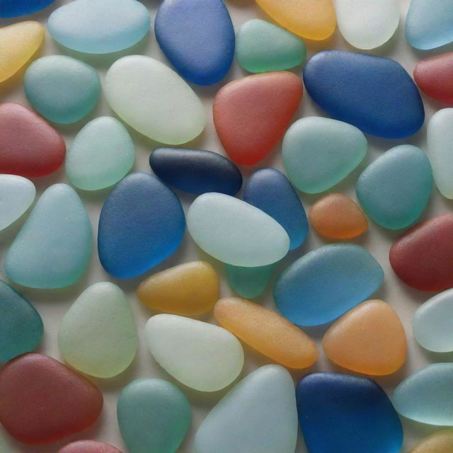 A detailed, intricately arranged sea glass artwork in an intense close-up shot