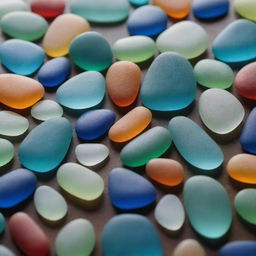 A detailed, intricately arranged sea glass artwork in an intense close-up shot