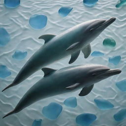 Intense, close-up photograph of a detailed and intricate artwork made from sea glass depicting dolphins, highlighted by immaculate composition and lighting