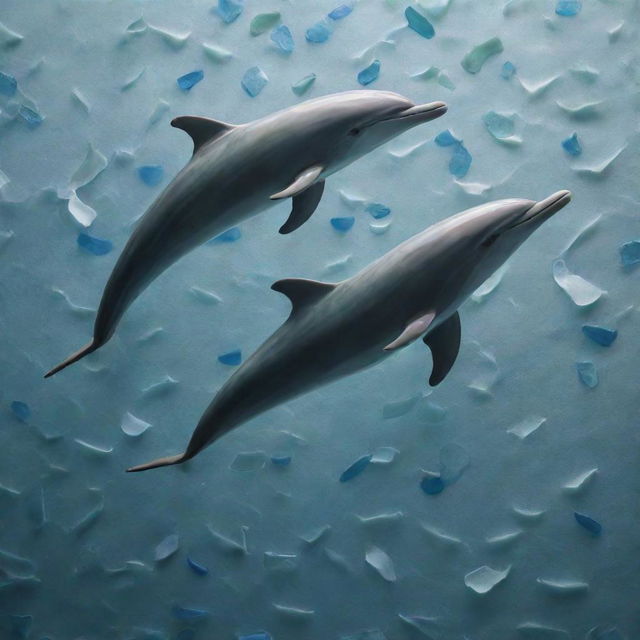 Intense, close-up photograph of a detailed and intricate artwork made from sea glass depicting dolphins, highlighted by immaculate composition and lighting