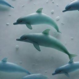 Intense, close-up photograph of a detailed and intricate artwork made from sea glass depicting dolphins, highlighted by immaculate composition and lighting