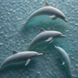 Intense, close-up photograph of a detailed and intricate artwork made from sea glass depicting dolphins, highlighted by immaculate composition and lighting