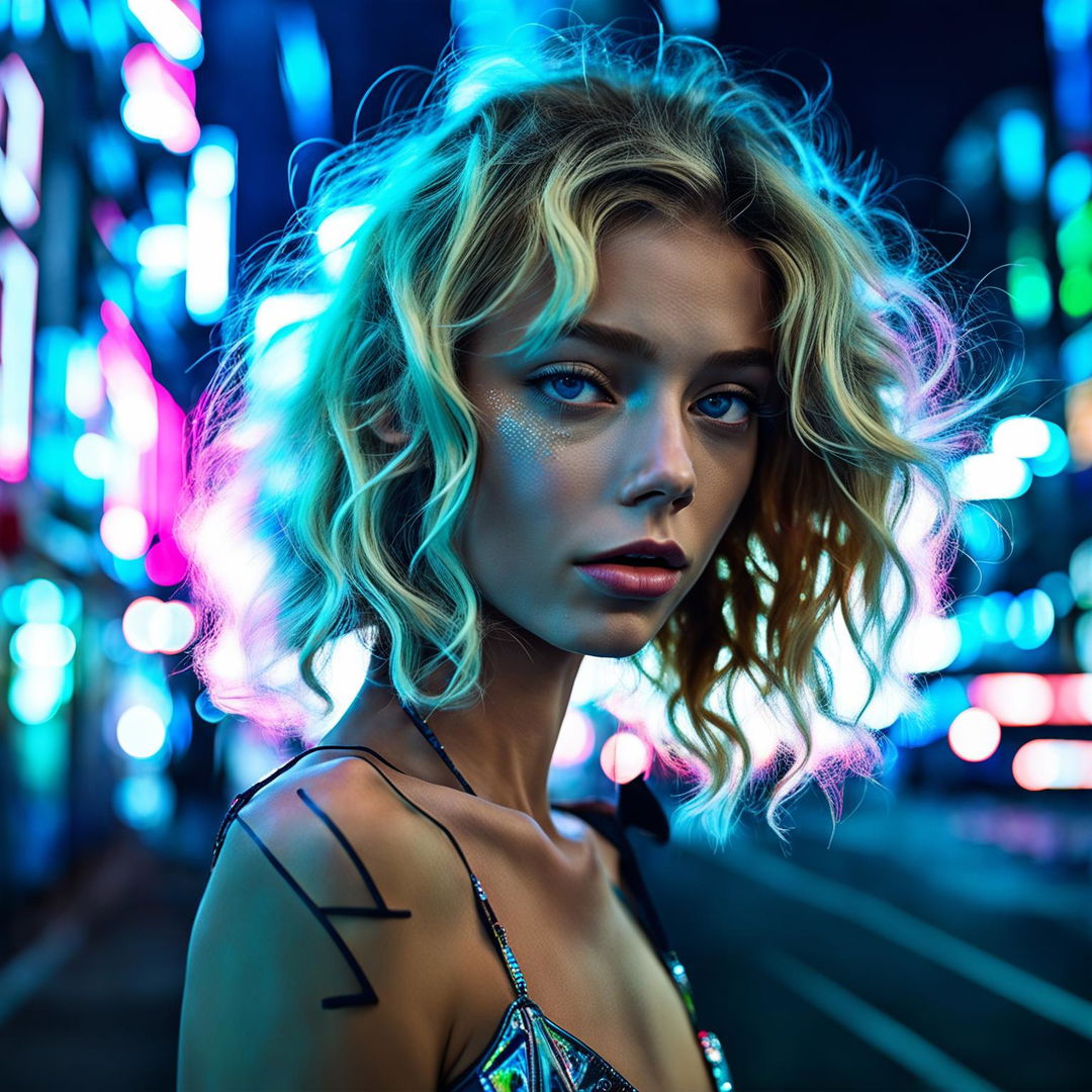 Close-up shot of a young blonde model in a futuristic techno-punk city, taken with a Phase One XF IQ4 150MP and a Phase One Macro f/4